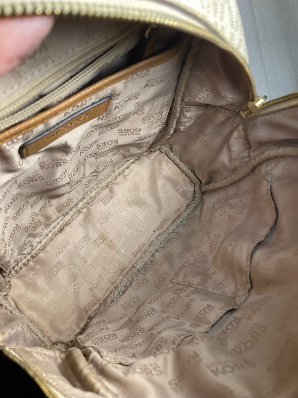 Michael Kors Cream and Tan MK Logo Studded Abbey Medium Backpack - Picture 7 of 12